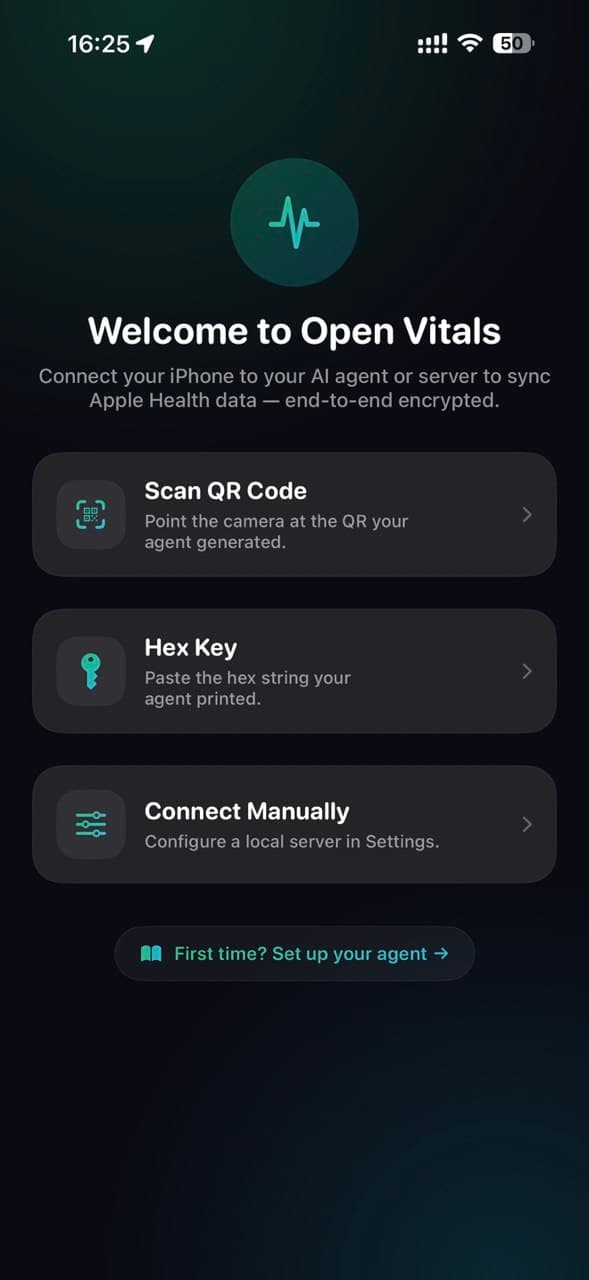 Connect — QR, hex key, or manual